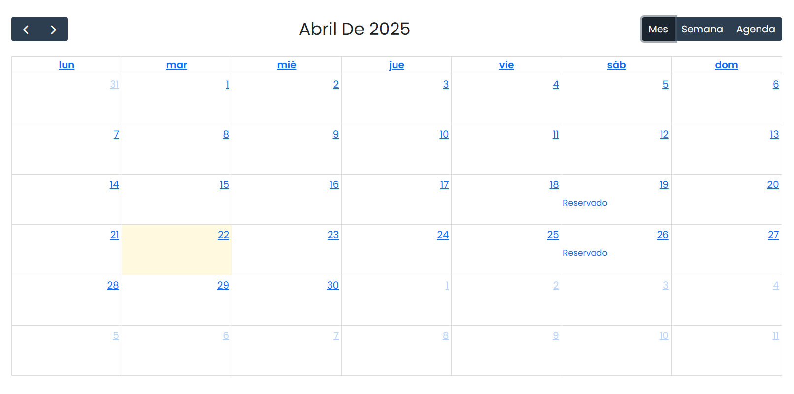 Vista semanal del calendario