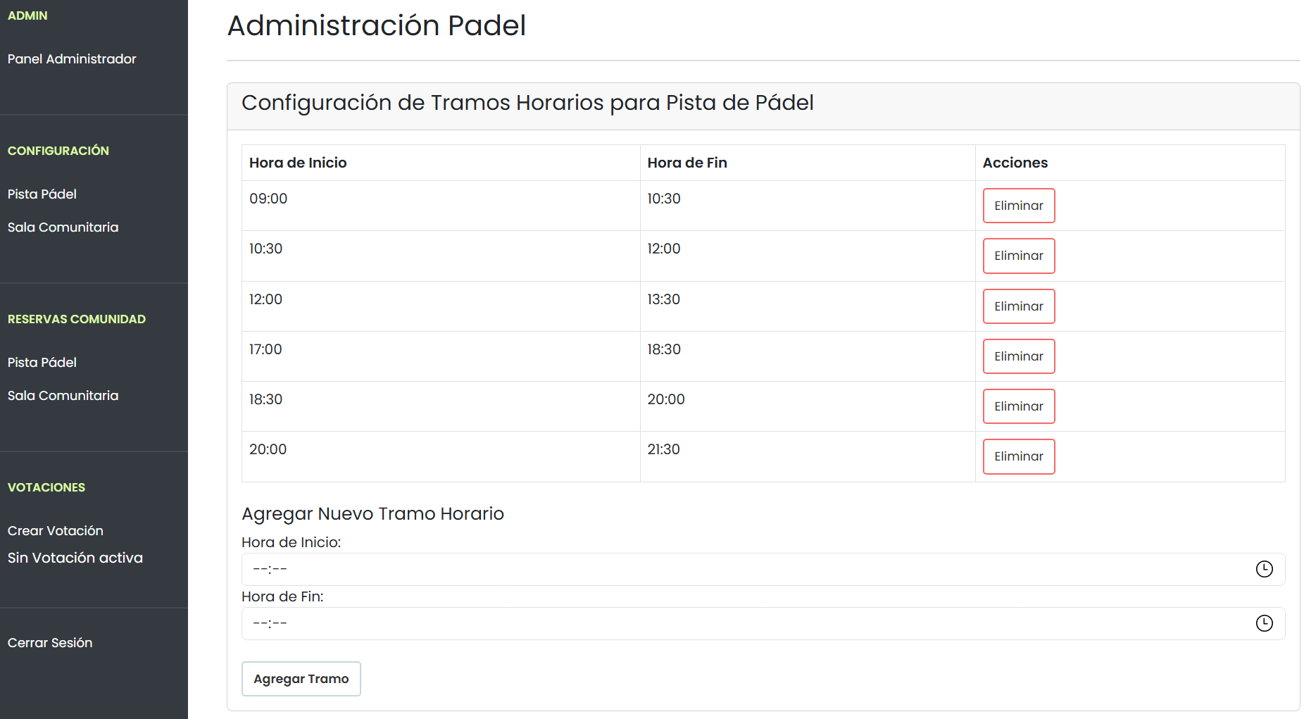 Gestión de Tramos Horarios para la Pista de Pádel